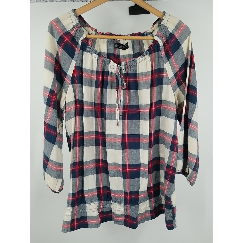 Faded Glory Womens XL 16-18 Plaid Blouse Off Shoulder 3/4 Bell Sleeve‎ Top